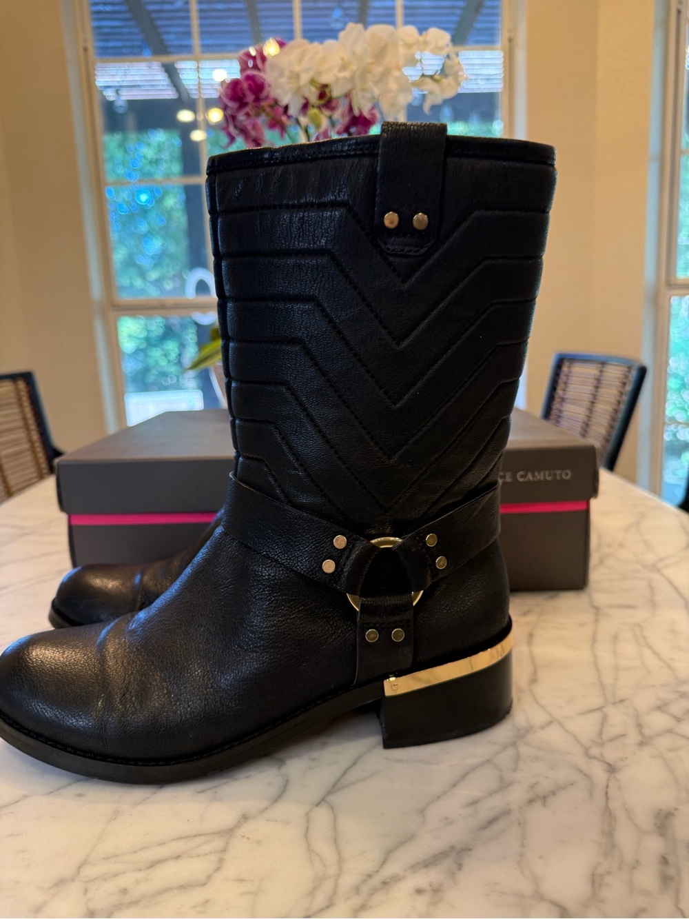 Vince Camuto Black Leather Mid-Calf Moto Boots with Gold Trim